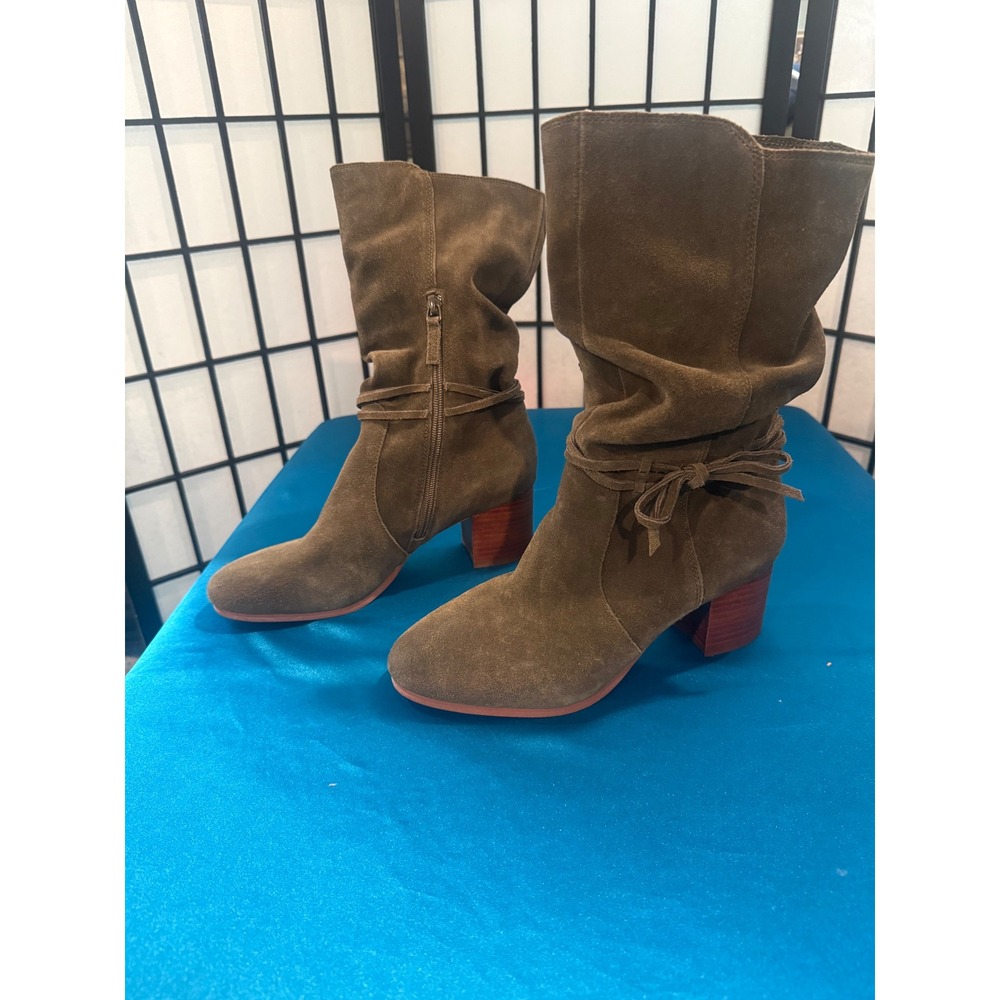 Violet & Red Janine Olive Green Suede Slouch Mid Calf Block Heel Boots Womens 8M